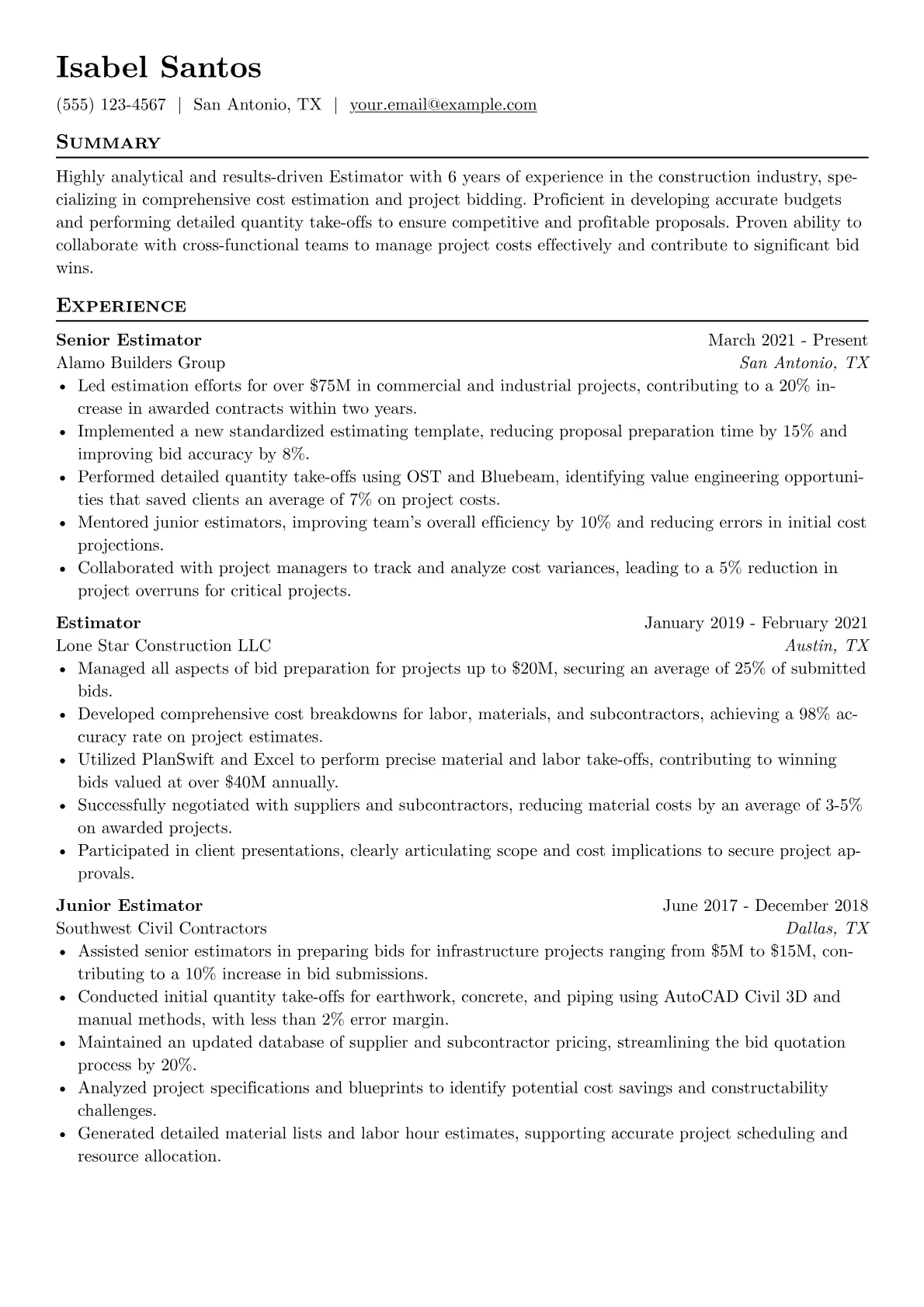 Estimator Resume Example CV template - Page 1