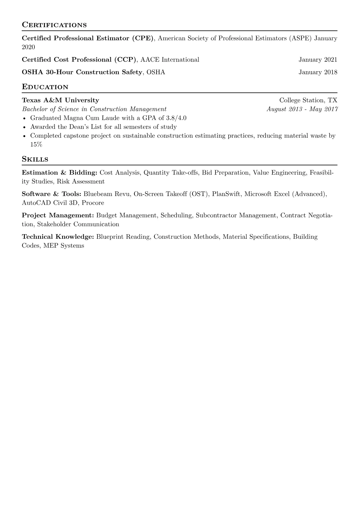 Estimator Resume Example CV template - Page 2