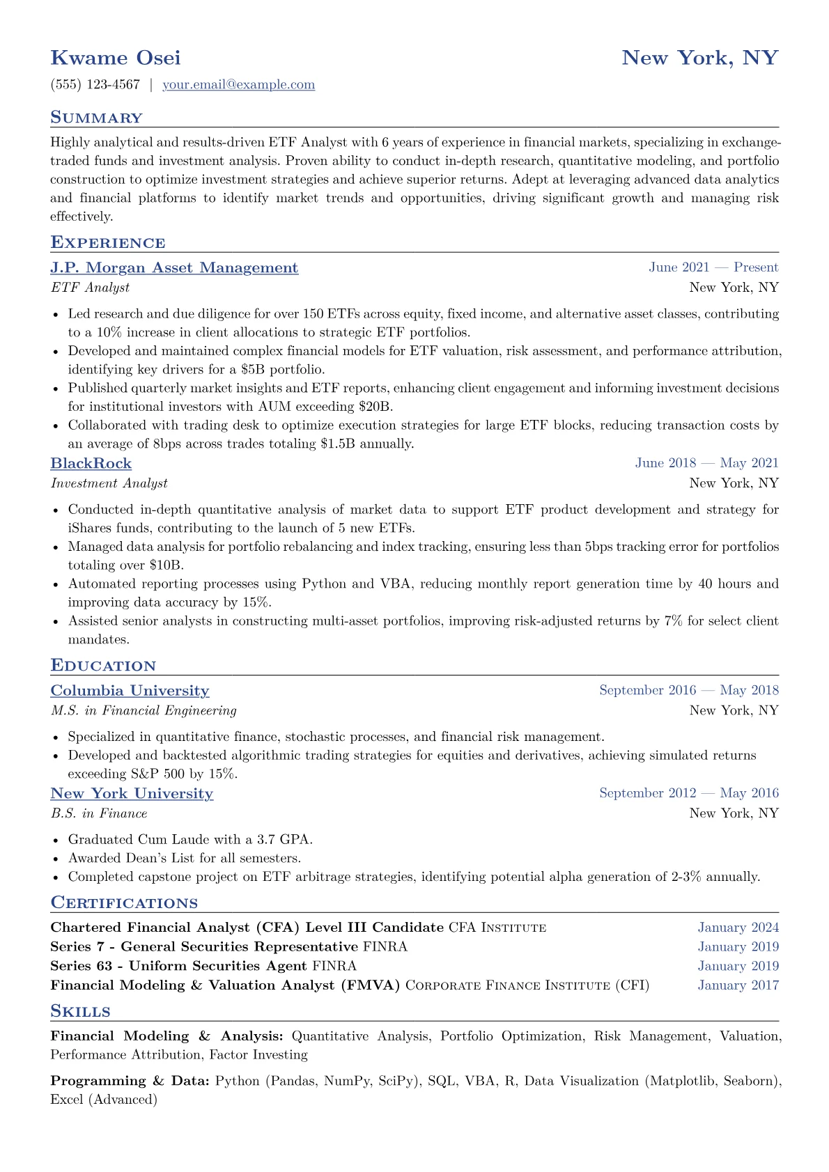 ETF Analyst Resume Example CV template - Page 1