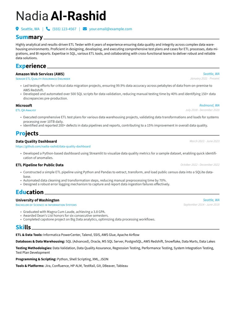 ETL Tester Resume Example CV template preview