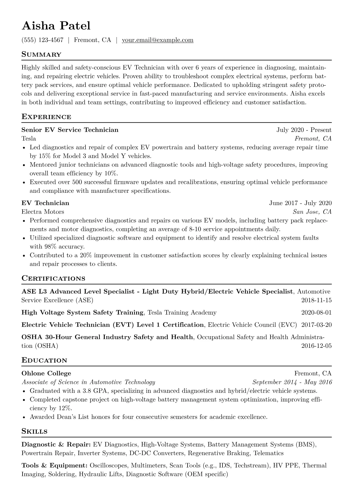 EV Technician Resume Example CV template - Page 1