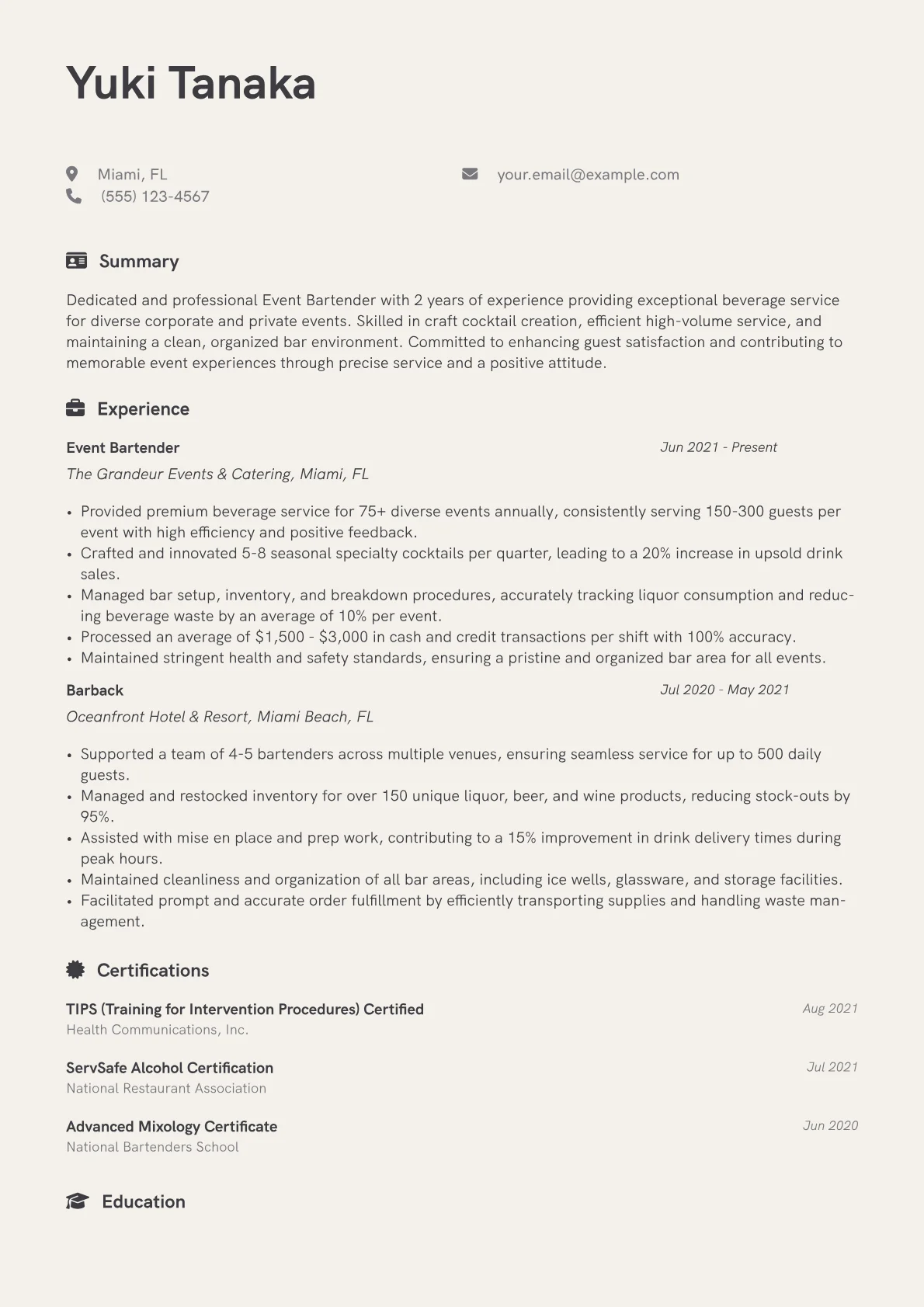 Event Bartender Resume Example CV template - Page 1