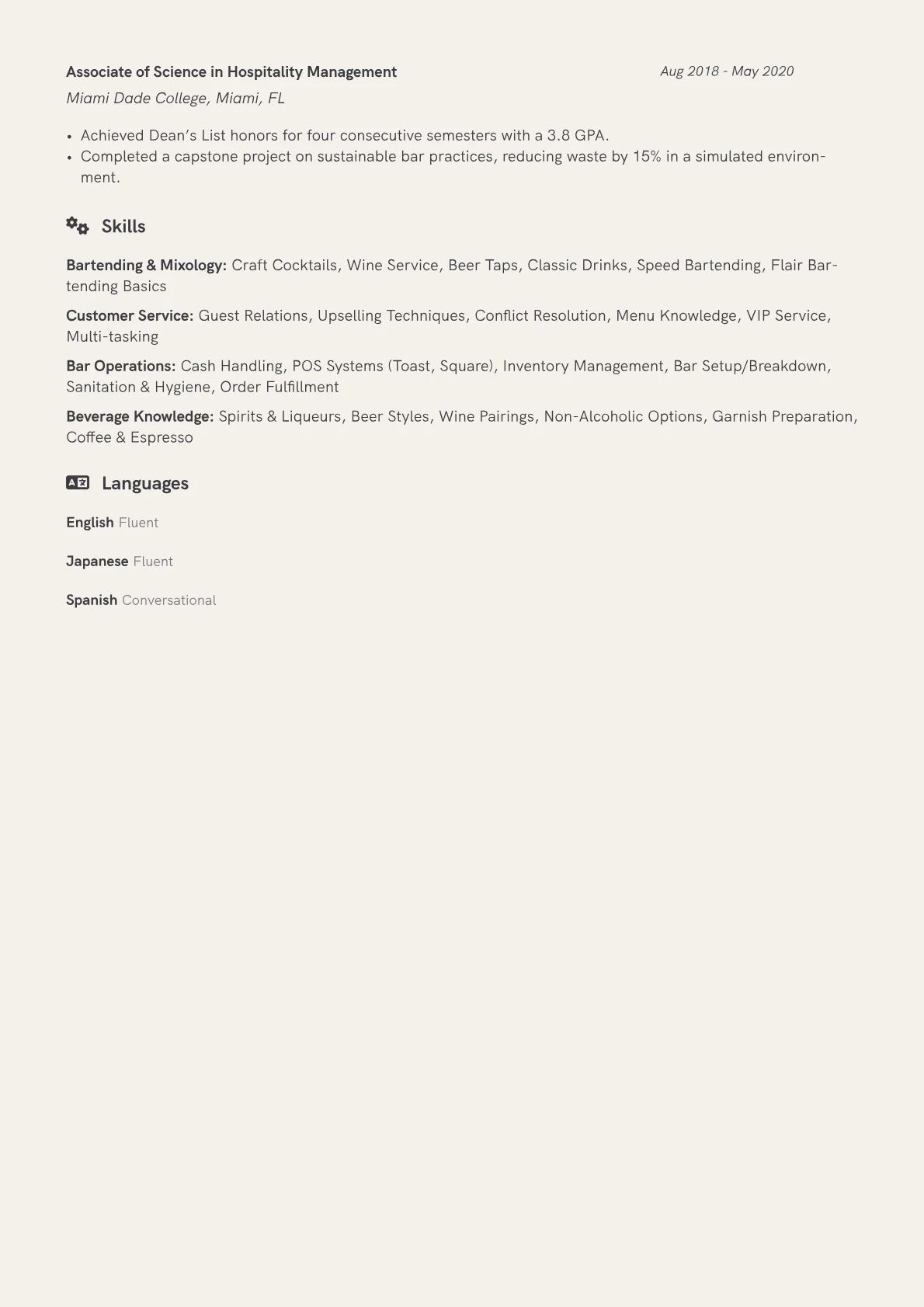 Event Bartender Resume Example CV template - Page 2