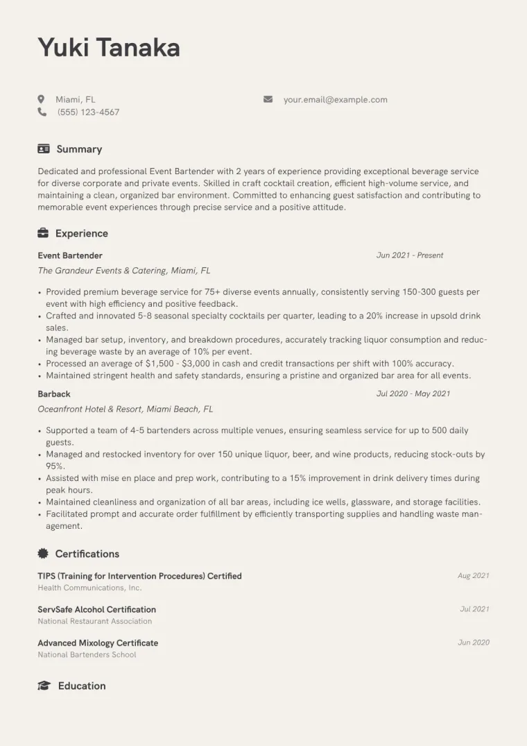 Event Bartender Resume Example CV template preview