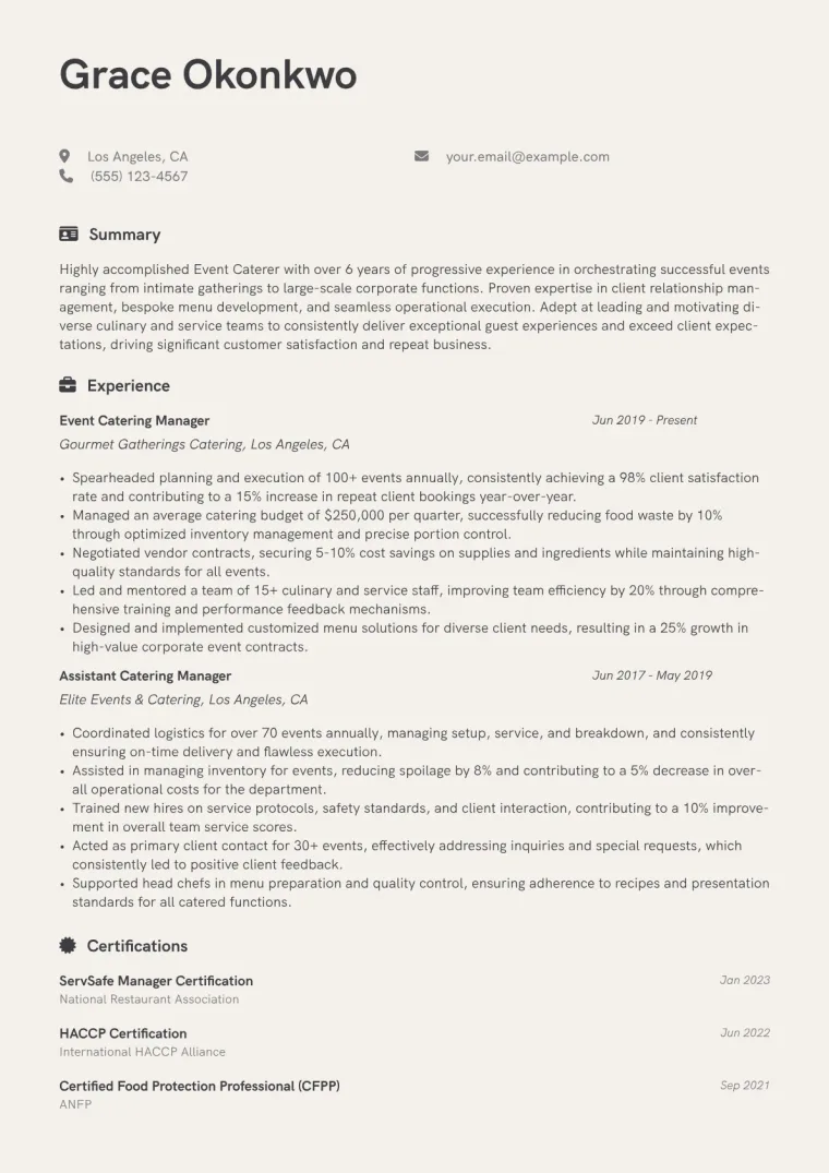 Event Caterer Resume Example CV template preview