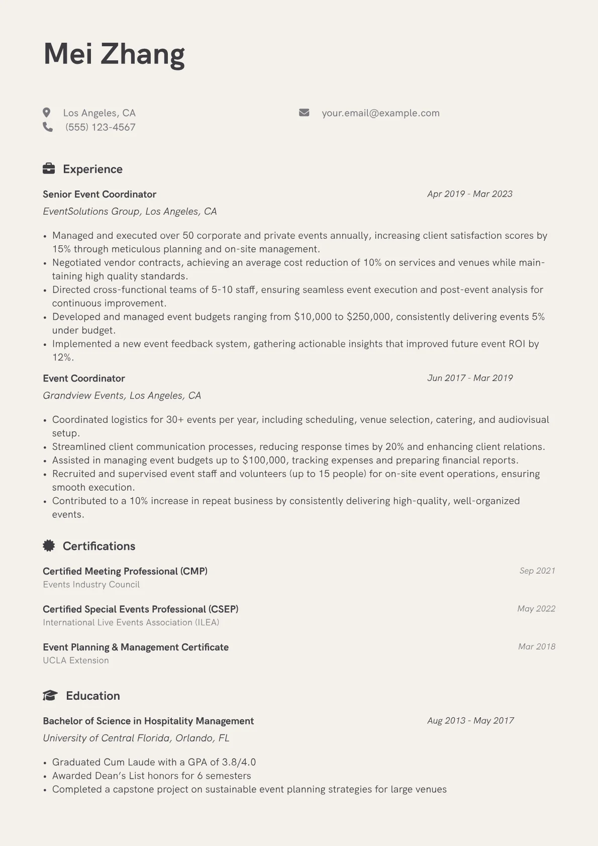 Event Coordinator Resume Example CV template - Page 1