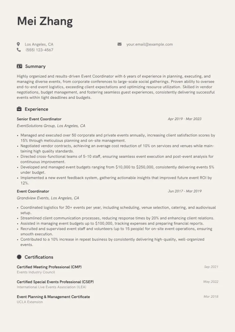 Event Coordinator Resume Example CV template preview
