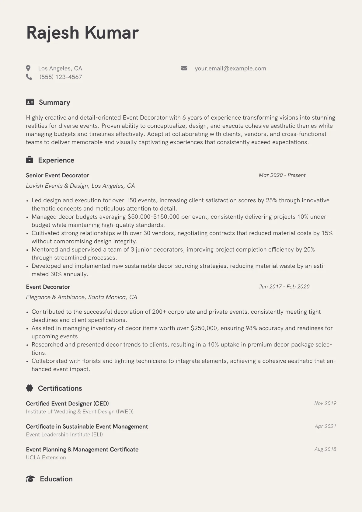 Event Decorator Resume Example CV template - Page 1