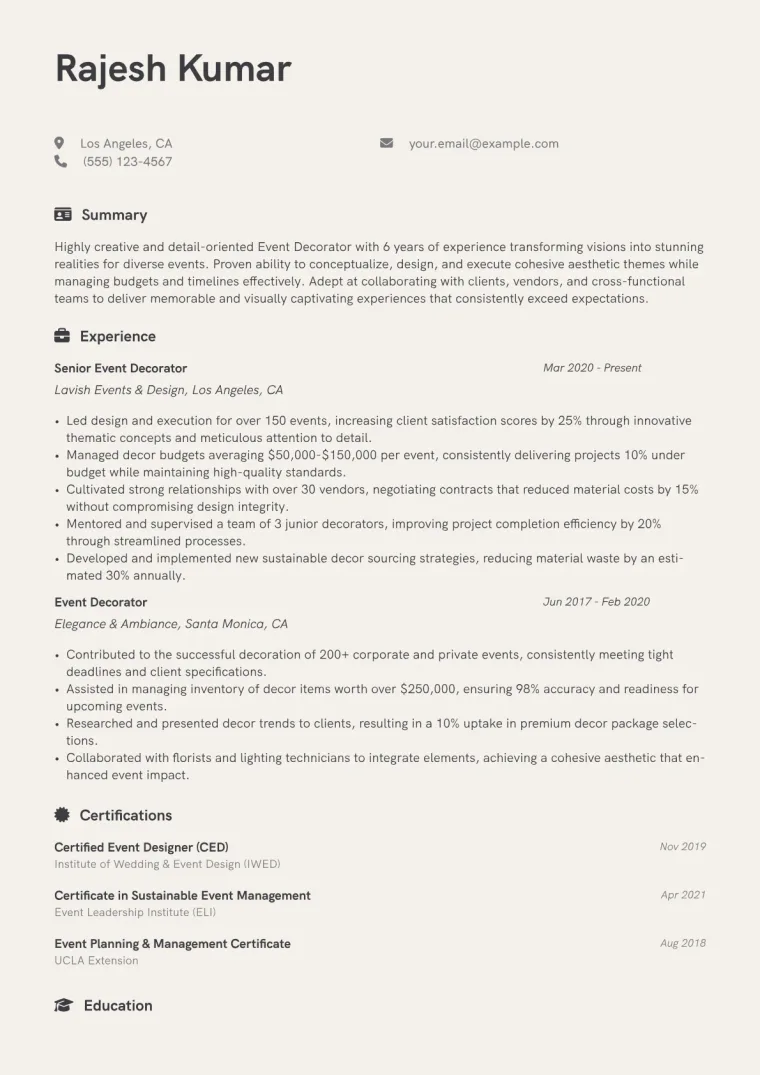 Event Decorator Resume Example CV template preview