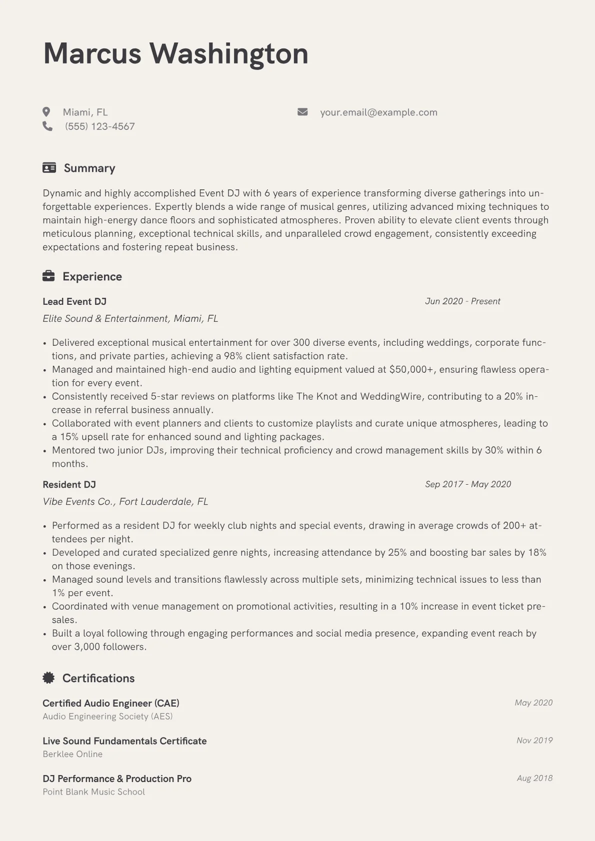 Event DJ Resume Example CV template - Page 1