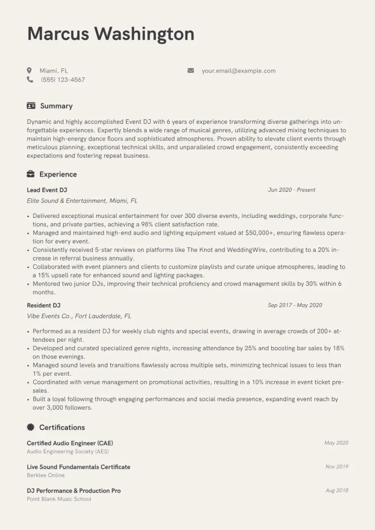 Event DJ Resume Example CV template preview