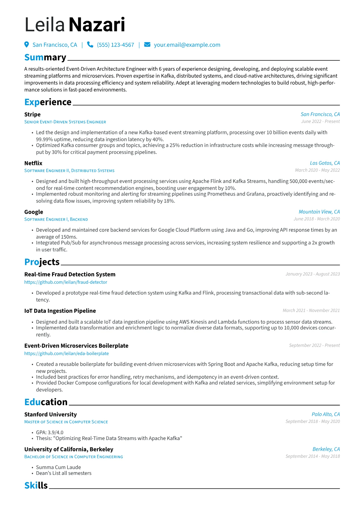 Event-Driven Architecture Engineer Resume Example CV template - Page 1