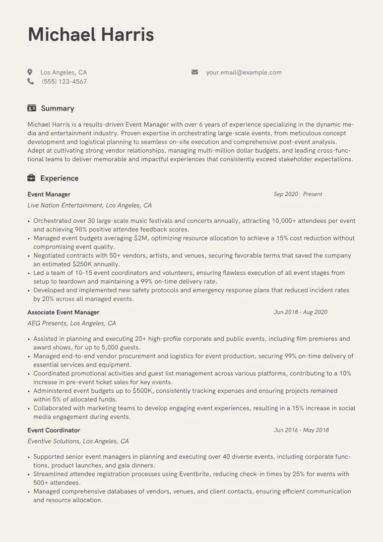 Event Manager Resume Example CV template preview