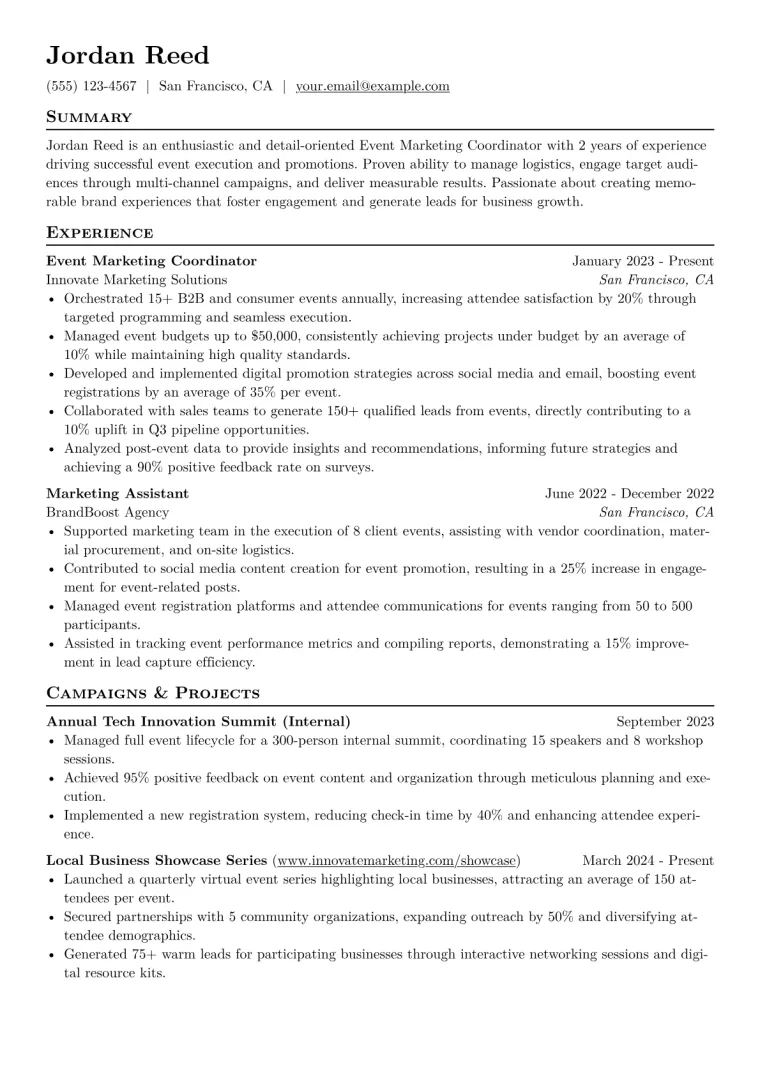 Event Marketing Coordinator Resume Example CV template preview