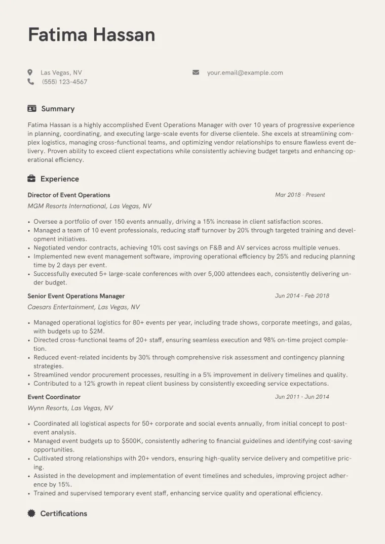 Event Operations Manager Resume Example CV template preview