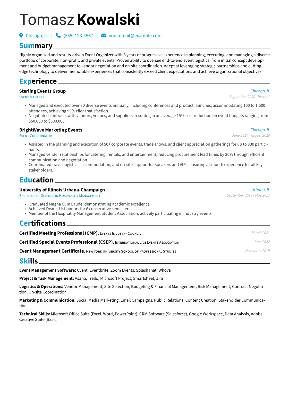 Event Organizer Resume Example CV template - Page 1
