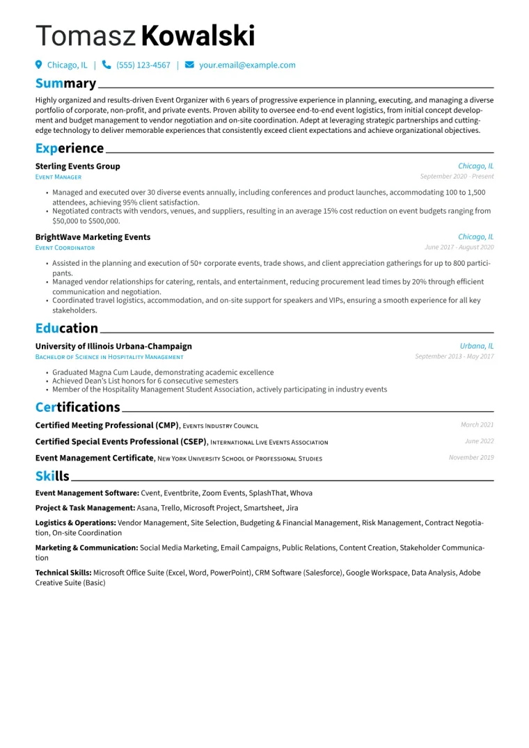 Event Organizer Resume Example CV template preview