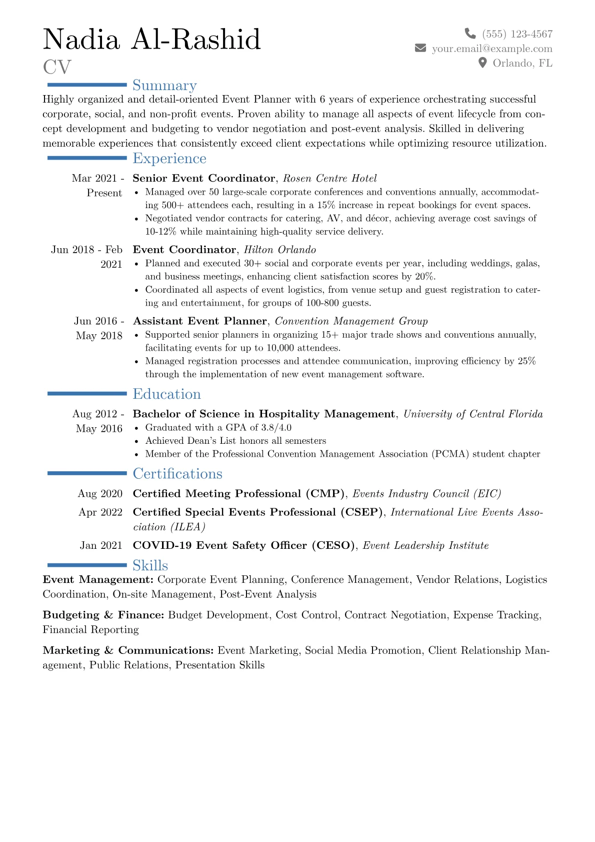 Event Planner Resume Example CV template - Page 1