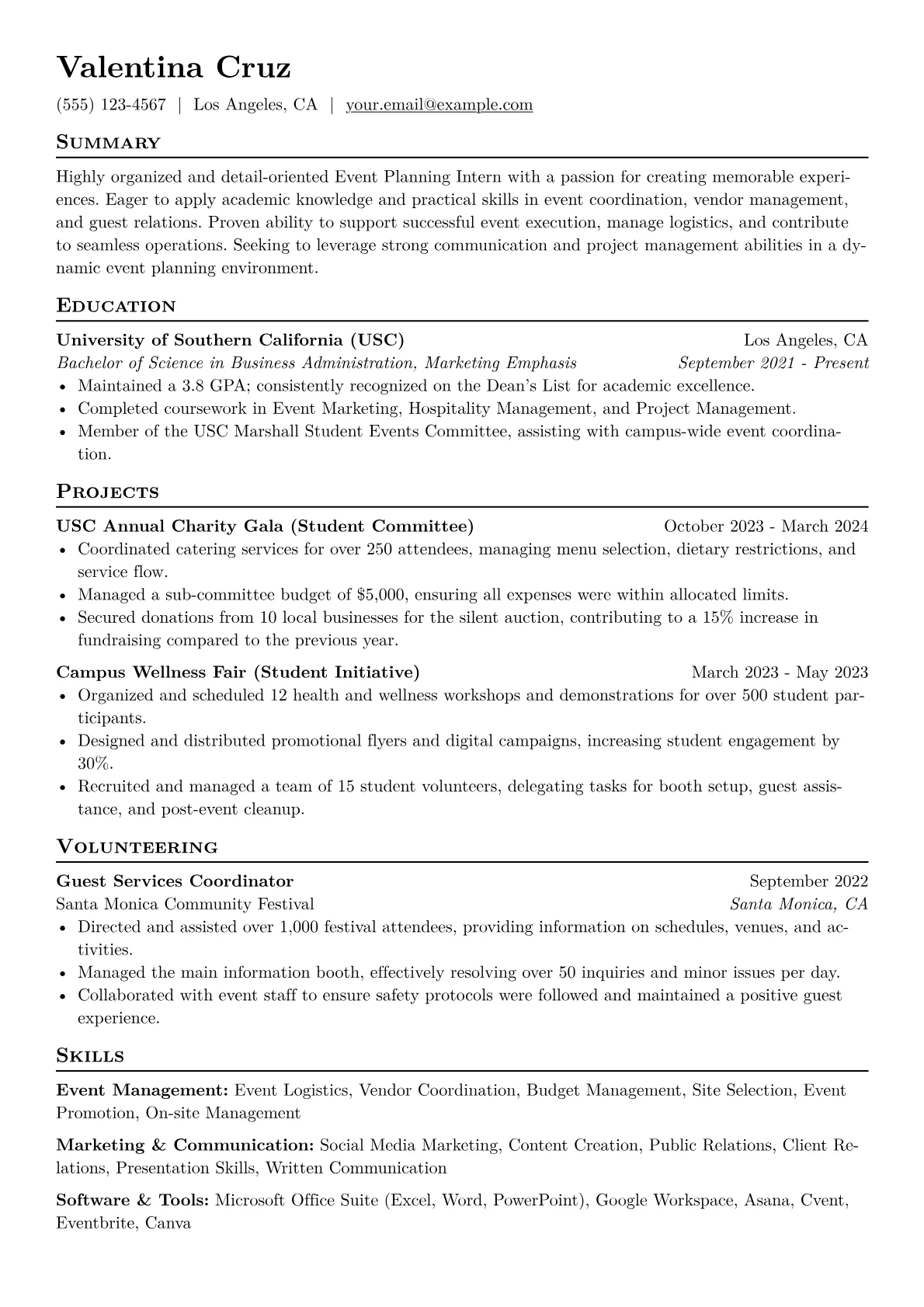 Event Planning Intern Resume Example CV template - Page 1