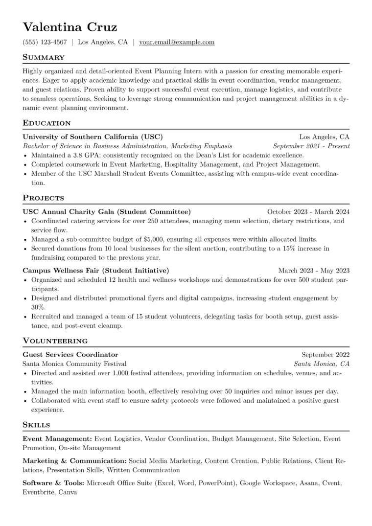 Event Planning Intern Resume Example CV template preview