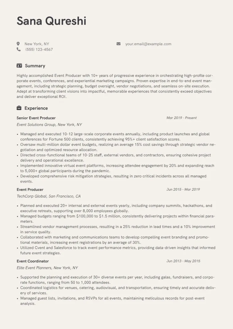 Event Producer Resume Example CV template preview