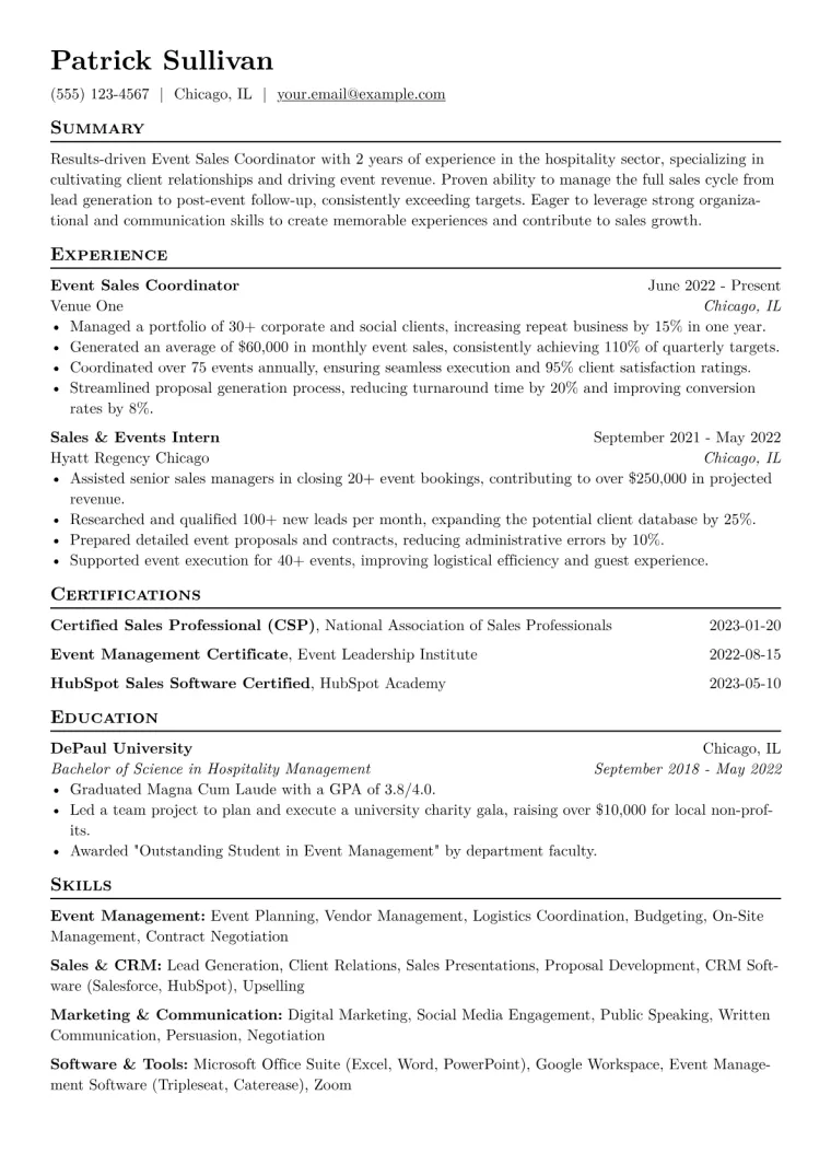 Event Sales Coordinator Resume Example CV template preview