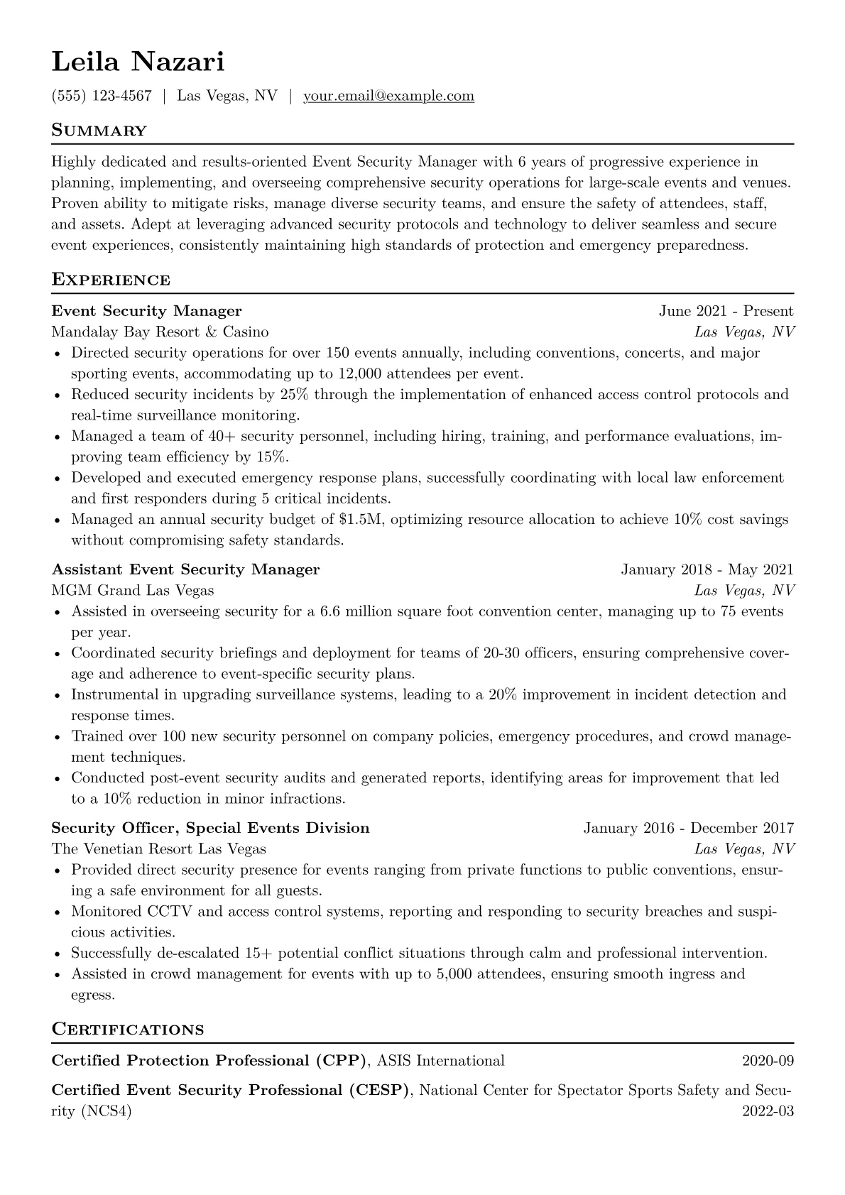 Event Security Manager Resume Example CV template - Page 1