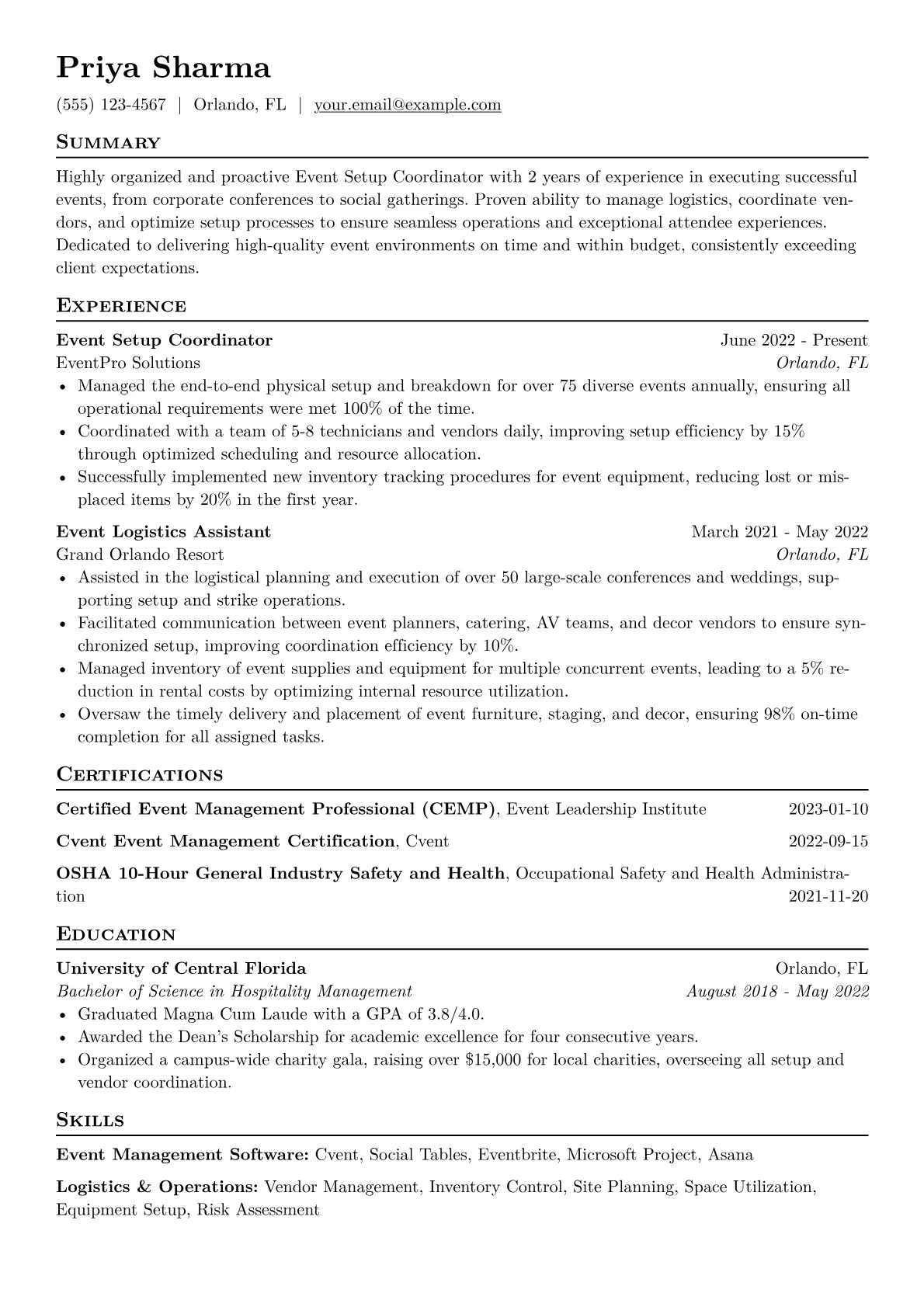 Event Setup Coordinator Resume Example CV template - Page 1
