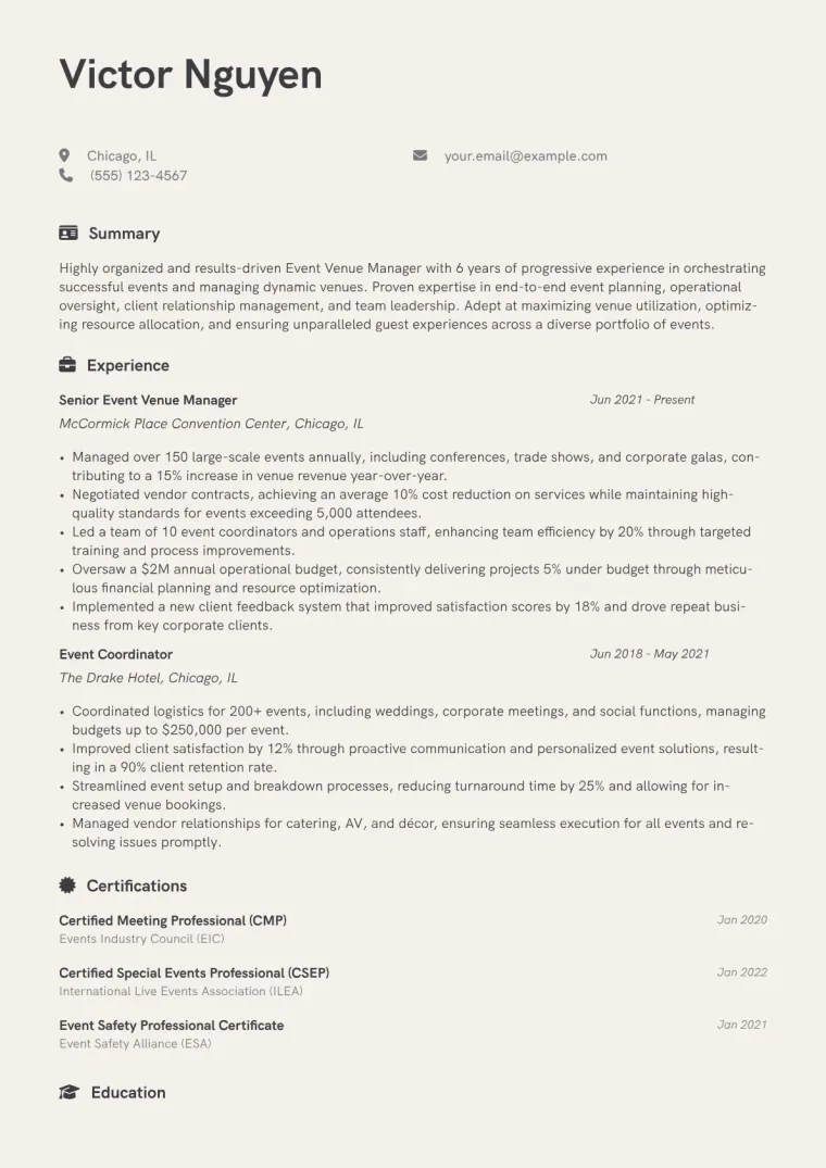 Event Venue Manager Resume Example CV template preview