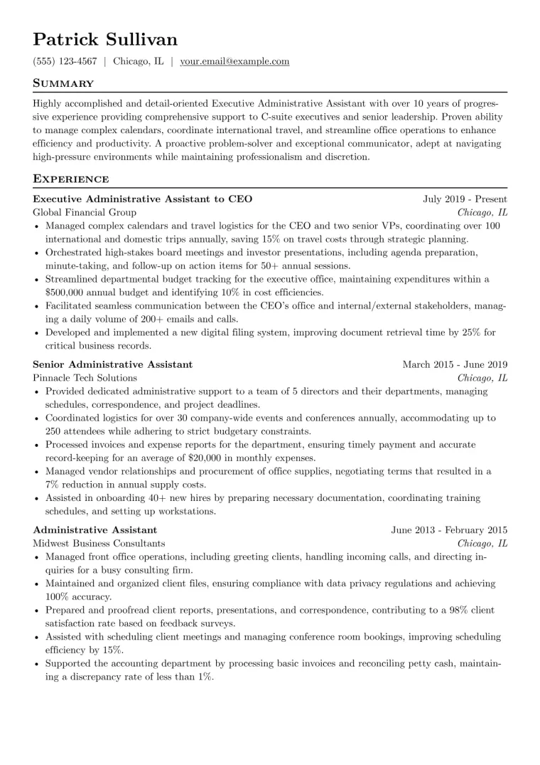 Executive Administrative Assistant Resume Example CV template preview