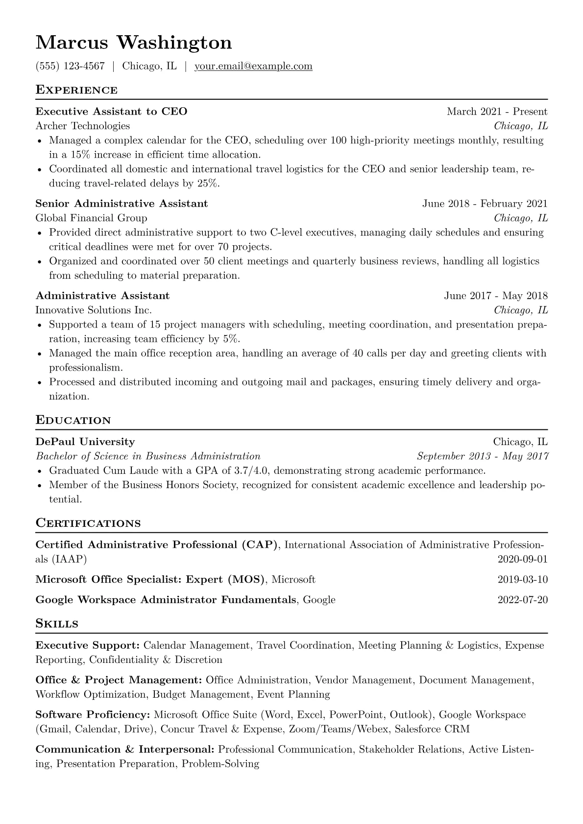 Executive Assistant Resume Example CV template - Page 1