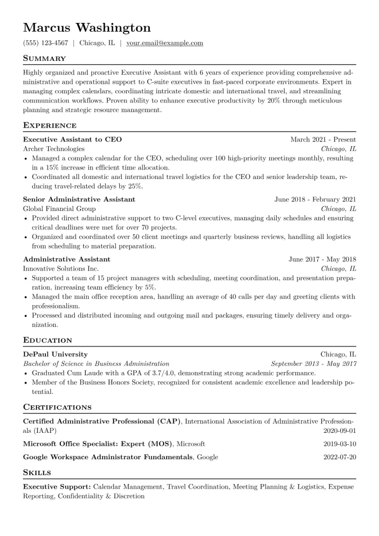 Executive Assistant Resume Example CV template preview