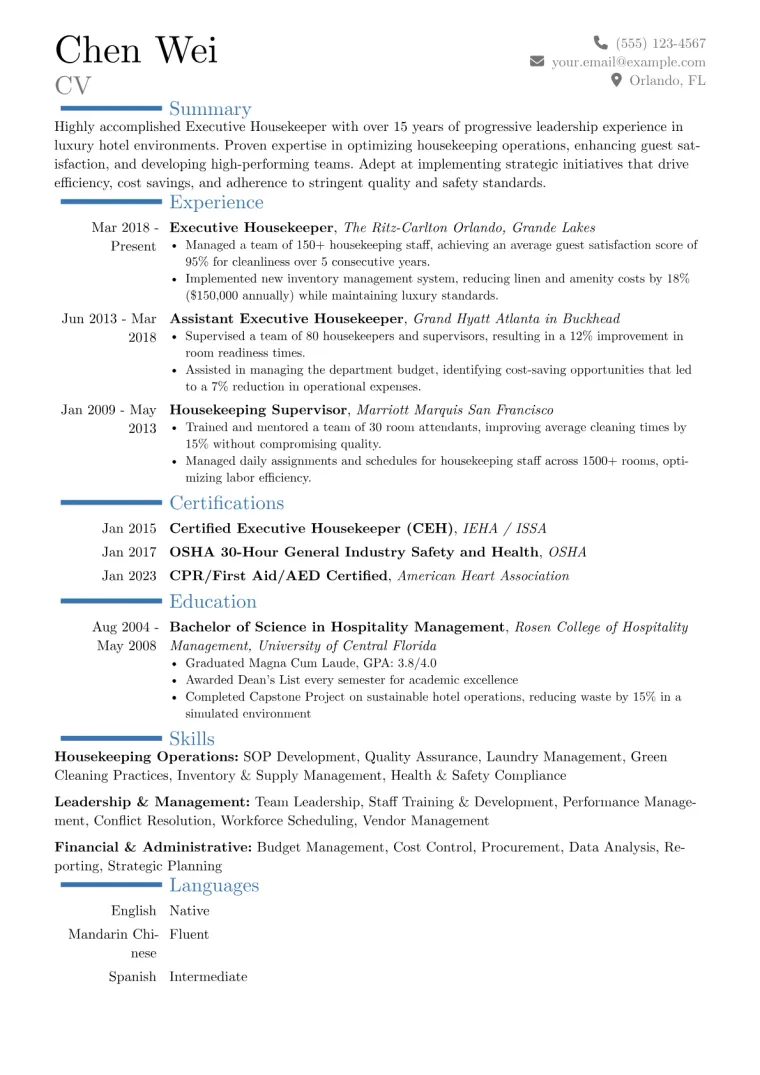 Executive Housekeeper Resume Example CV template preview