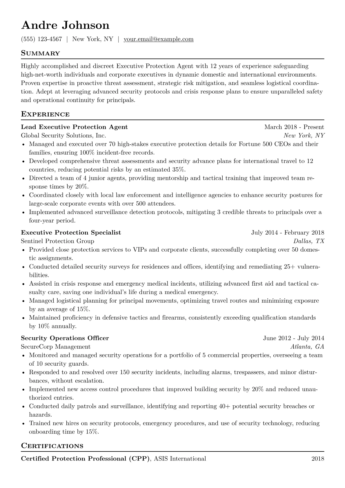 Executive Protection Agent Resume Example CV template - Page 1