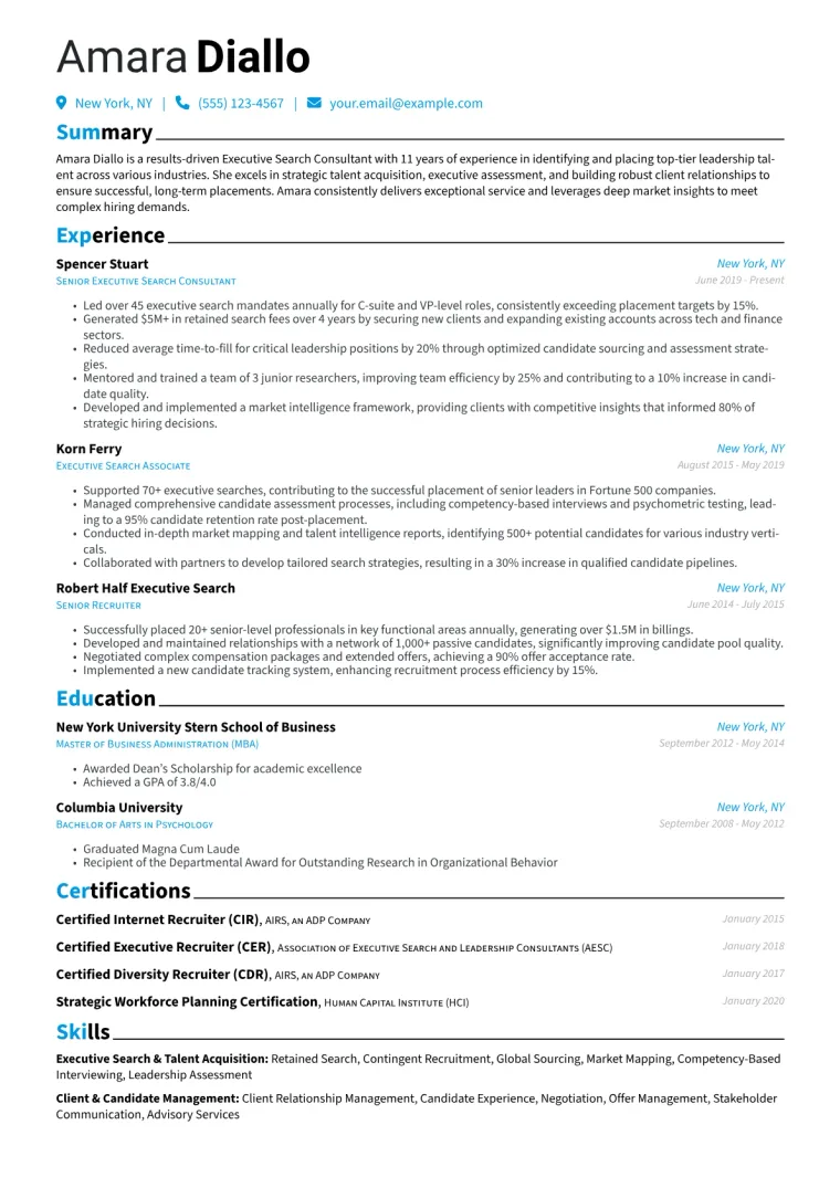 Executive Search Consultant Resume Example CV template preview