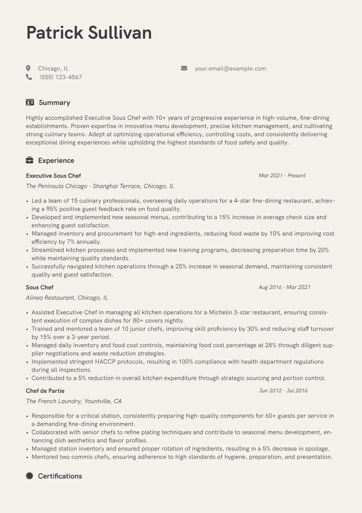 Executive Sous Chef Resume Example CV template - Page 1