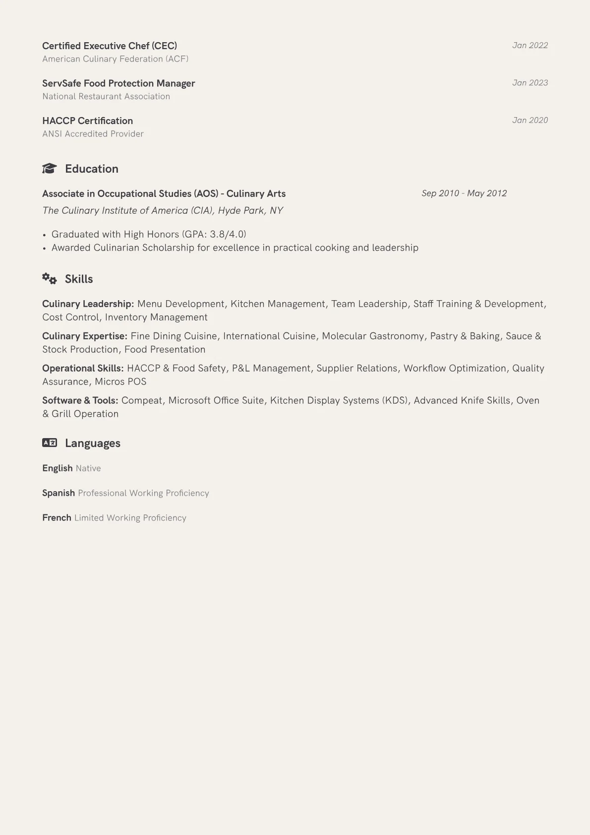 Executive Sous Chef Resume Example CV template - Page 2