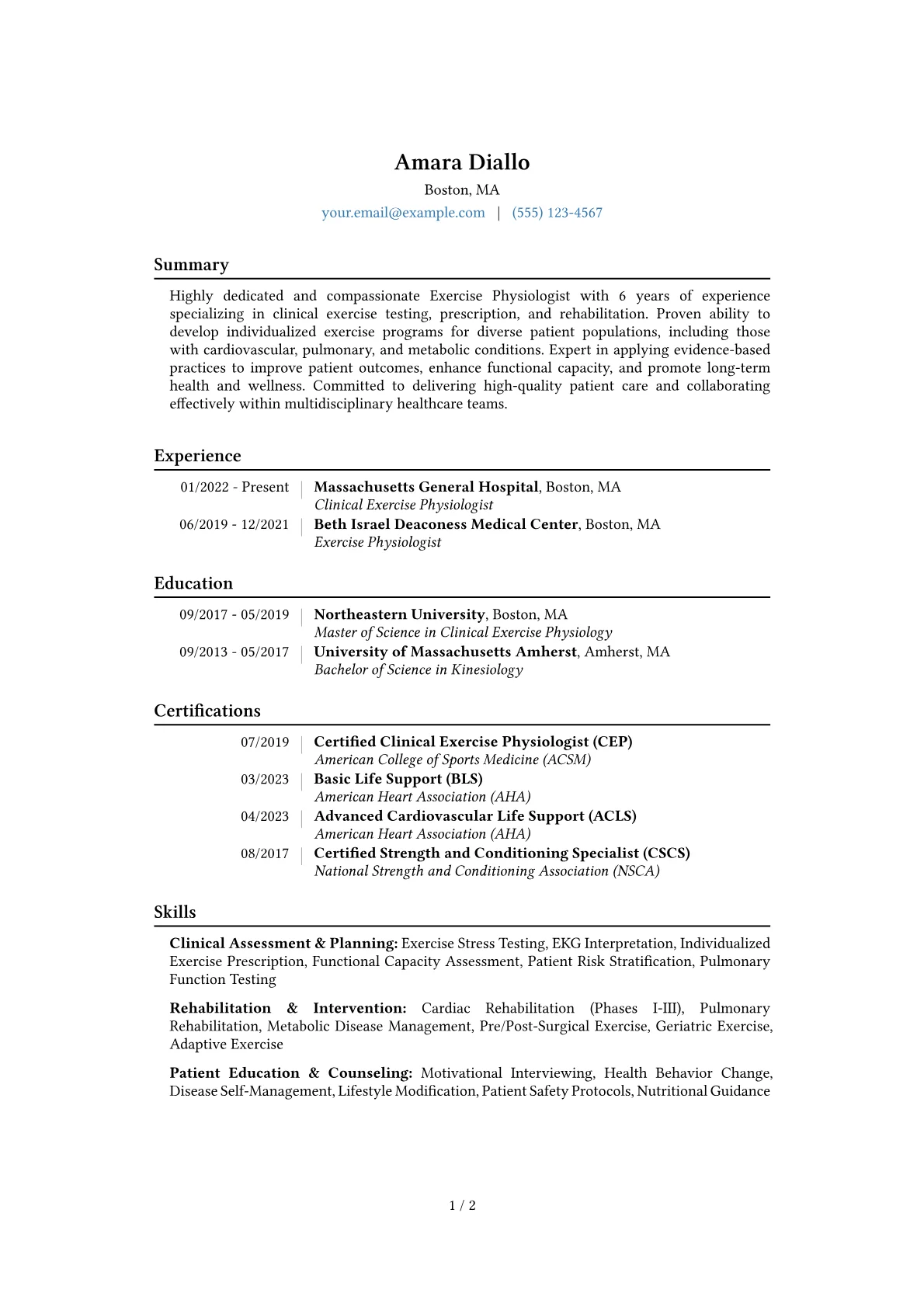 Exercise Physiologist Resume Example CV template - Page 1