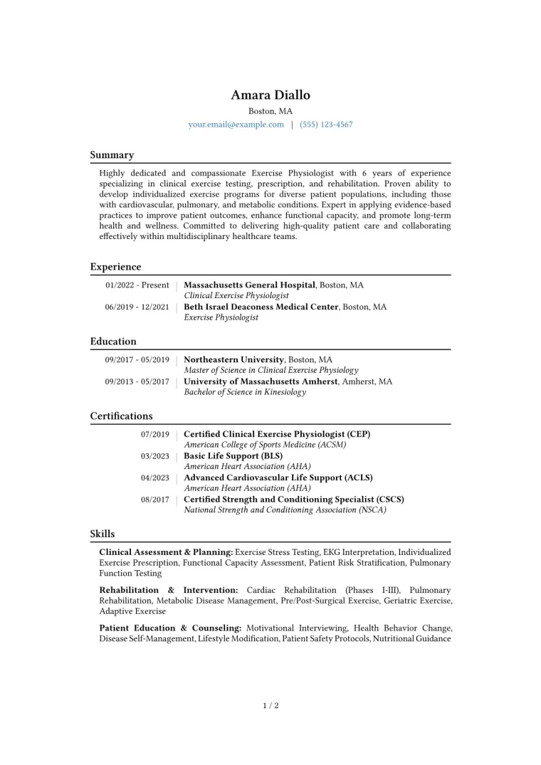 Exercise Physiologist Resume Example CV template preview