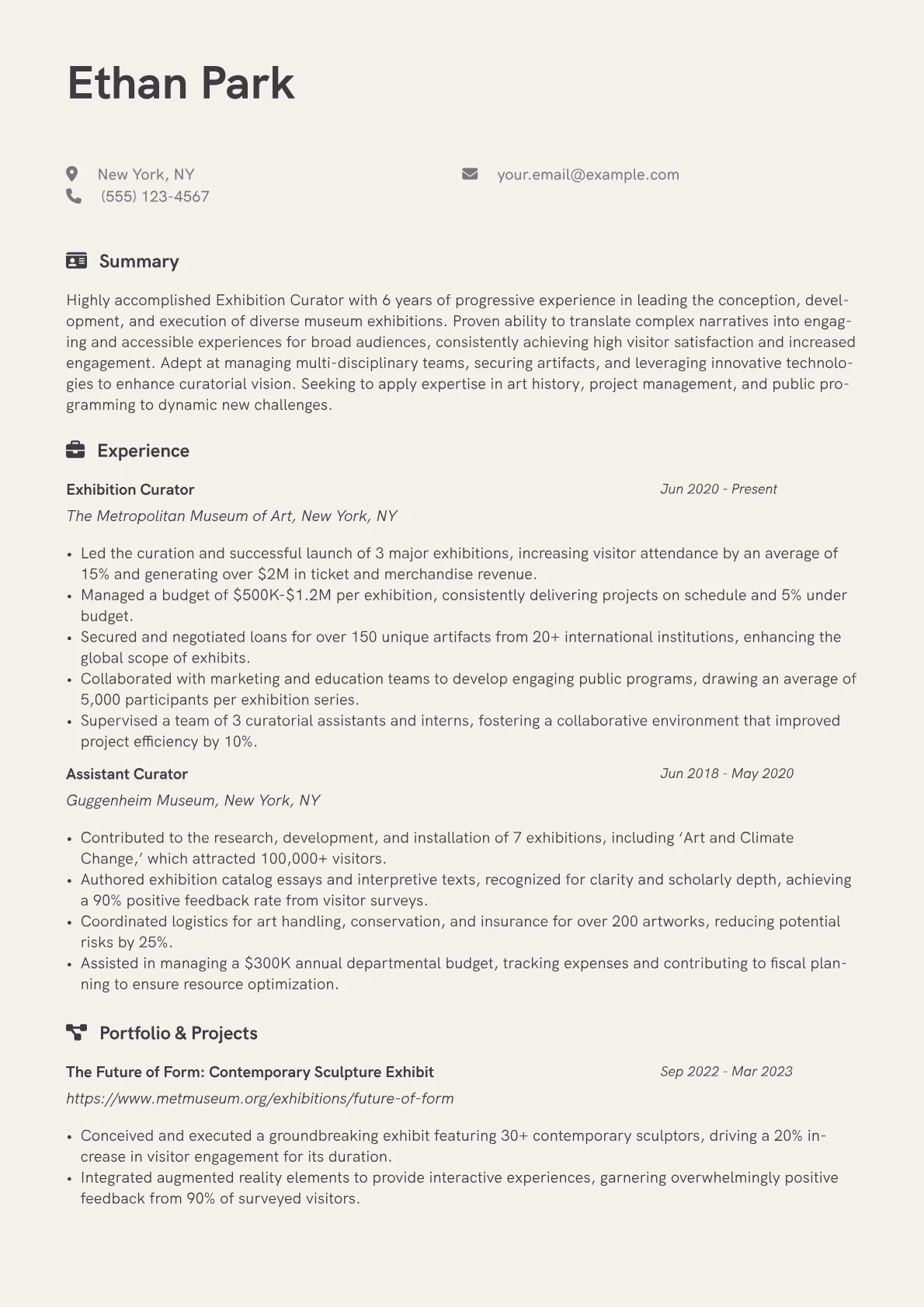 Exhibition Curator Resume Example CV template - Page 1