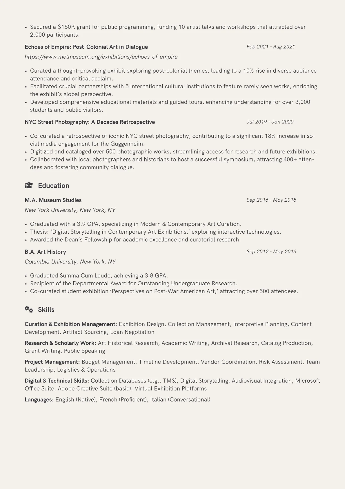 Exhibition Curator Resume Example CV template - Page 2