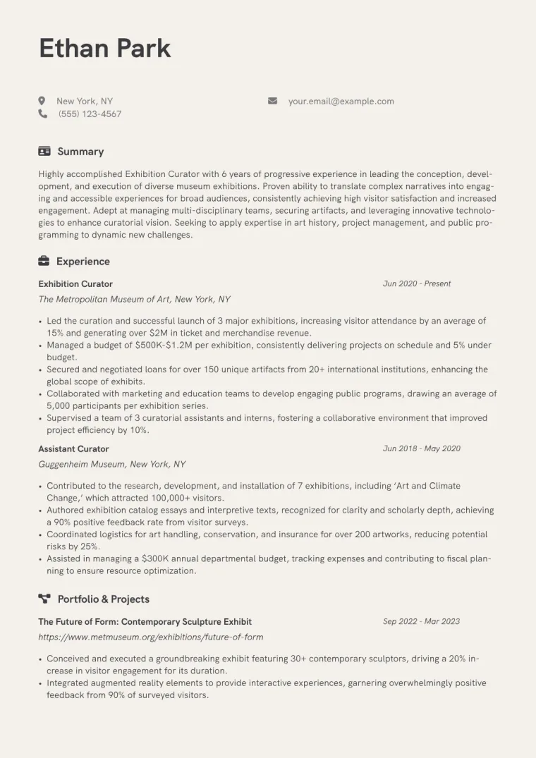 Exhibition Curator Resume Example CV template preview