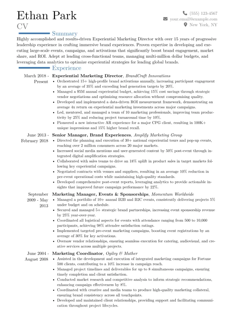 Experiential Marketing Director Resume Example CV template preview