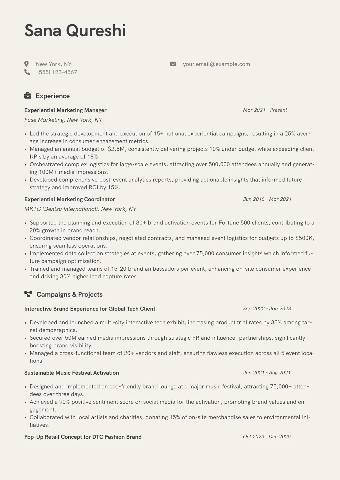 Experiential Marketing Manager Resume Example CV template - Page 1