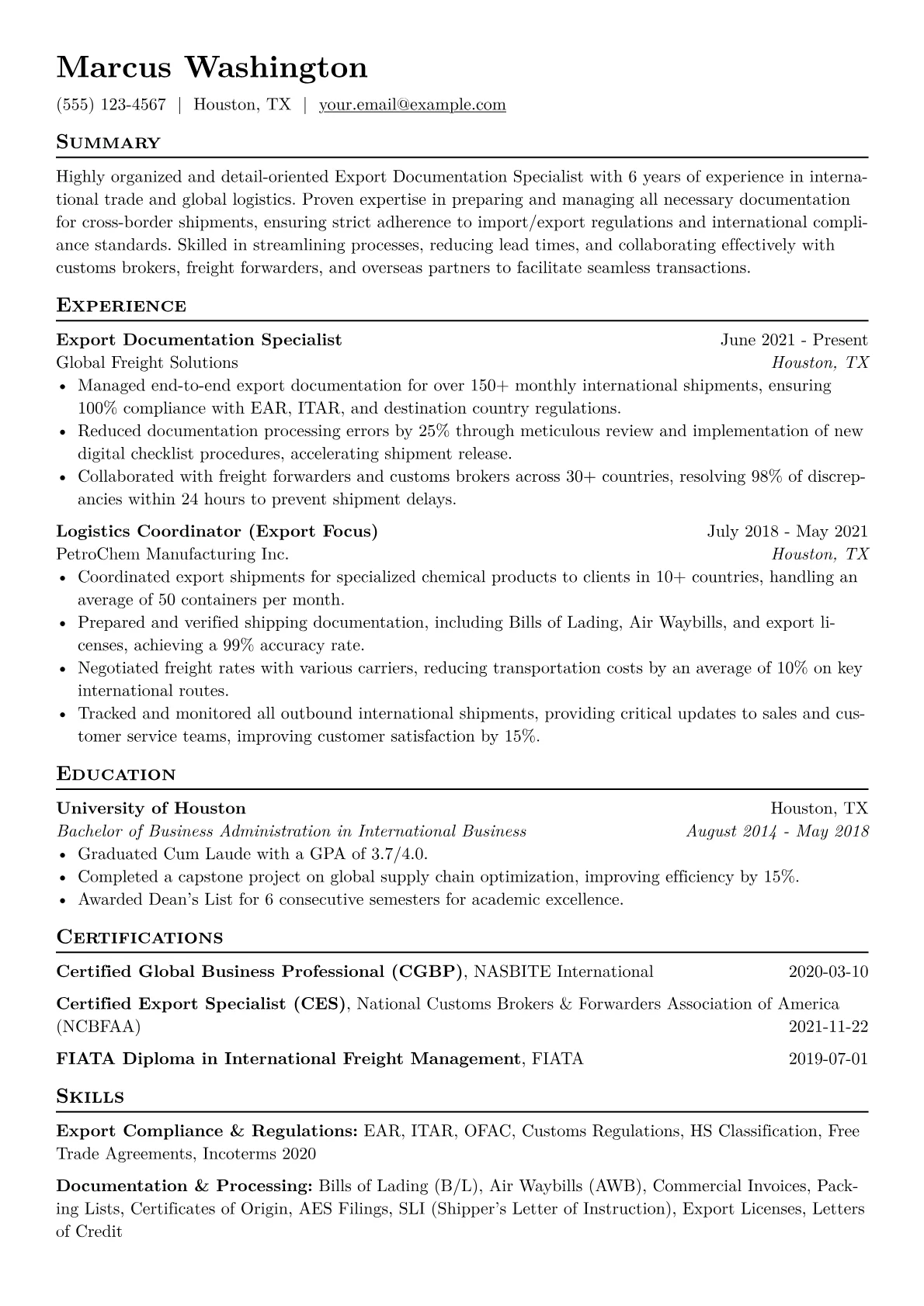 Export Documentation Specialist Resume Example CV template - Page 1