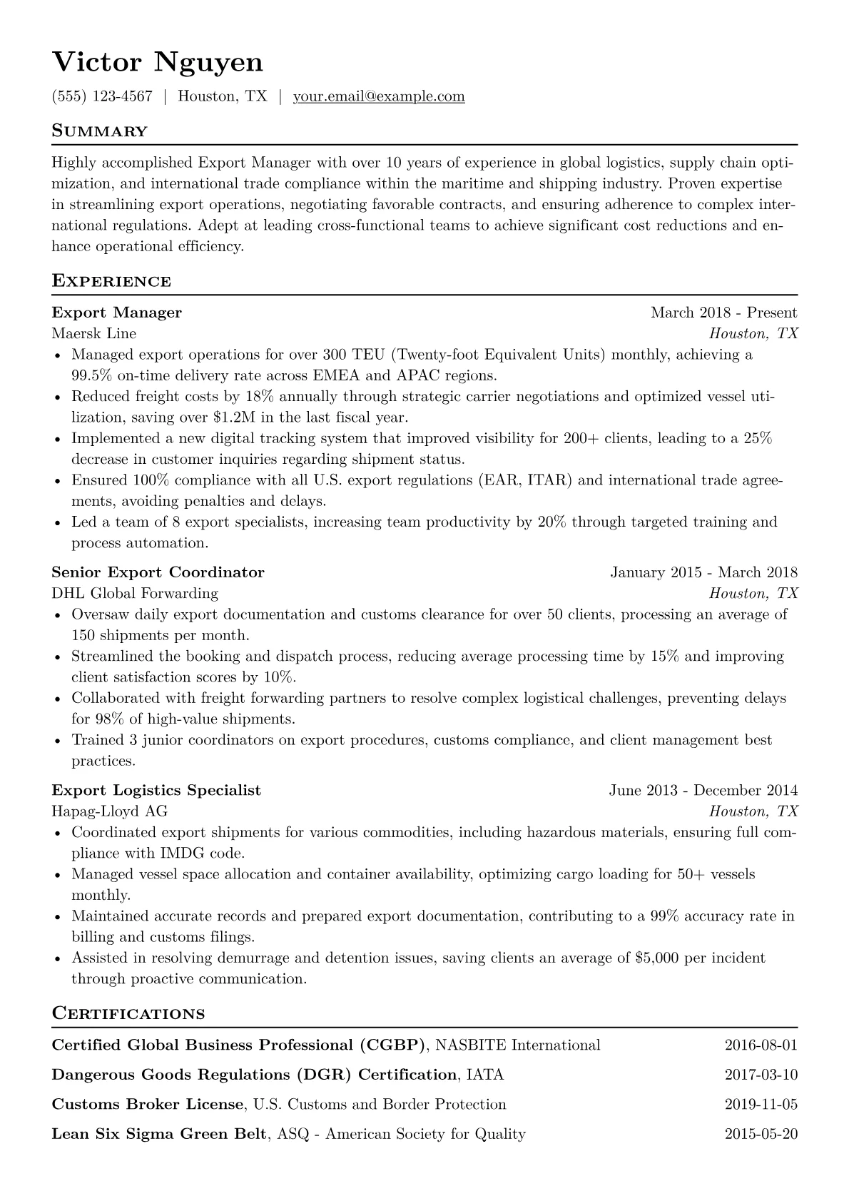 Export Manager Resume Example CV template - Page 1