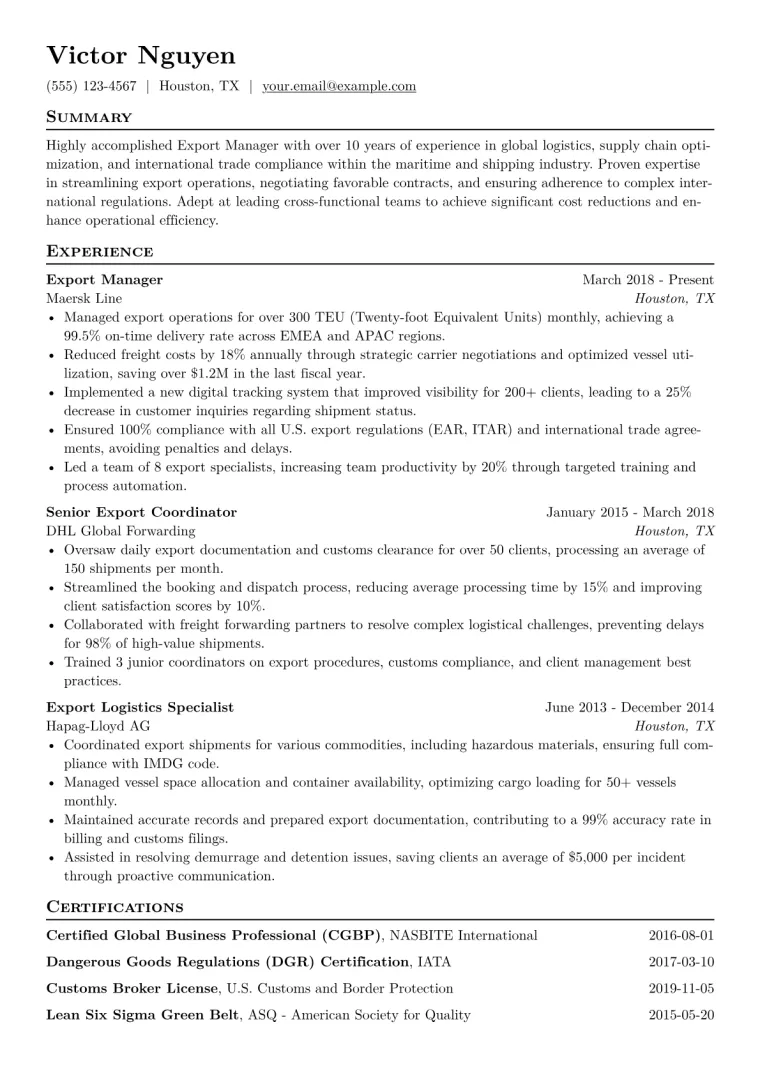 Export Manager Resume Example CV template preview