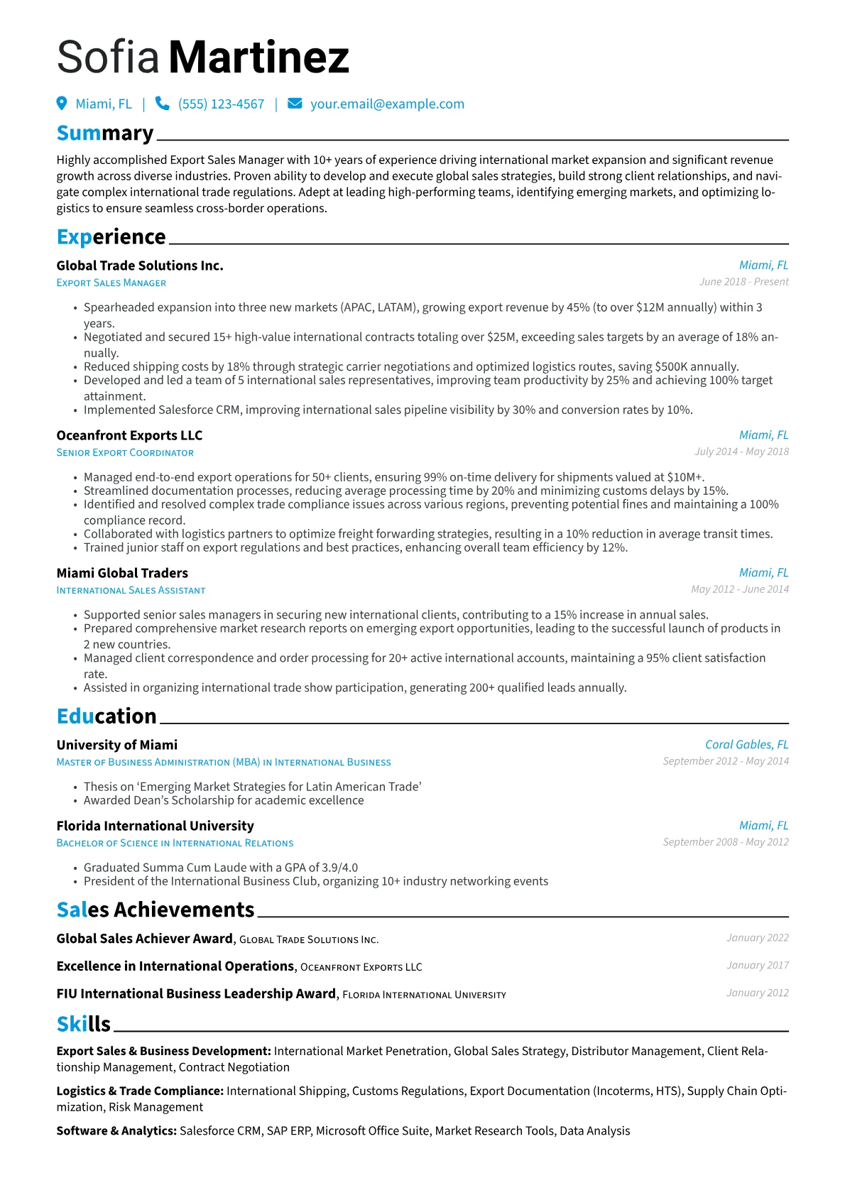 Export Sales Manager Resume Example CV template - Page 1
