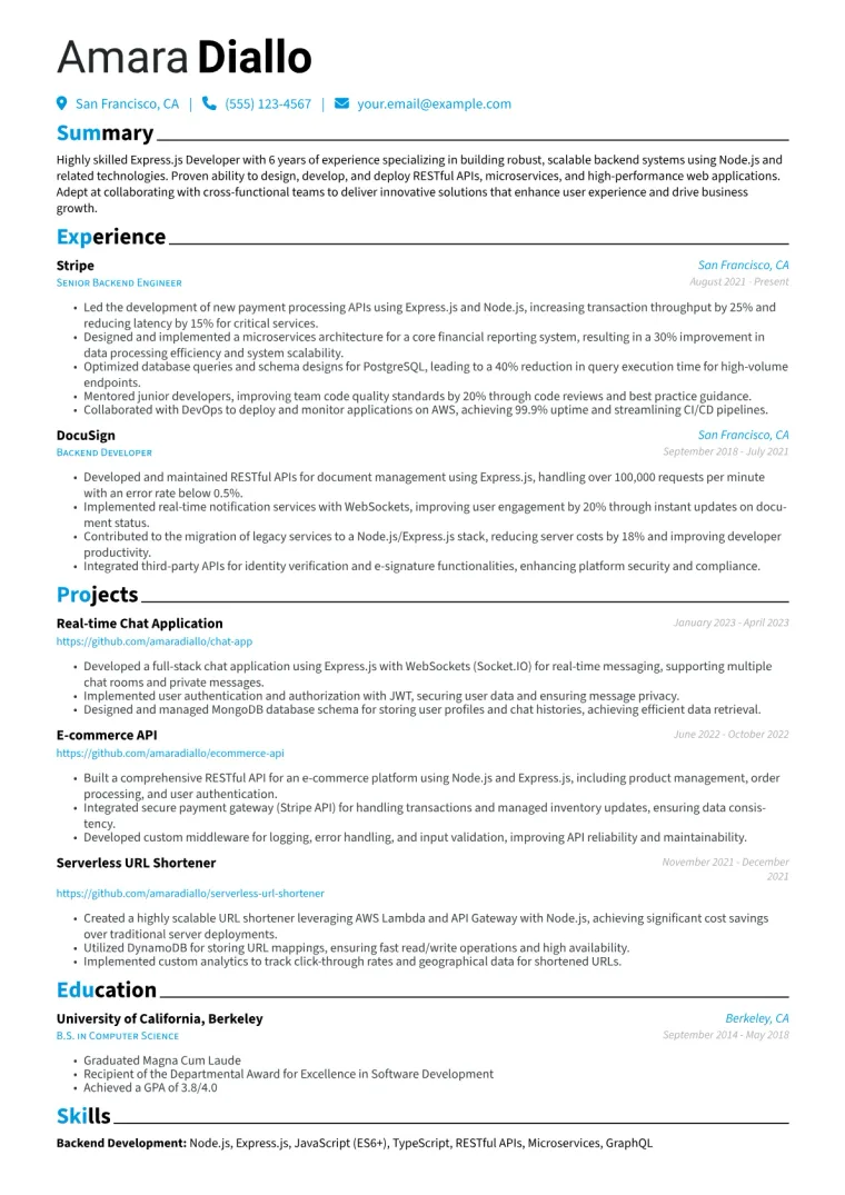 Express.js Developer Resume Example CV template preview