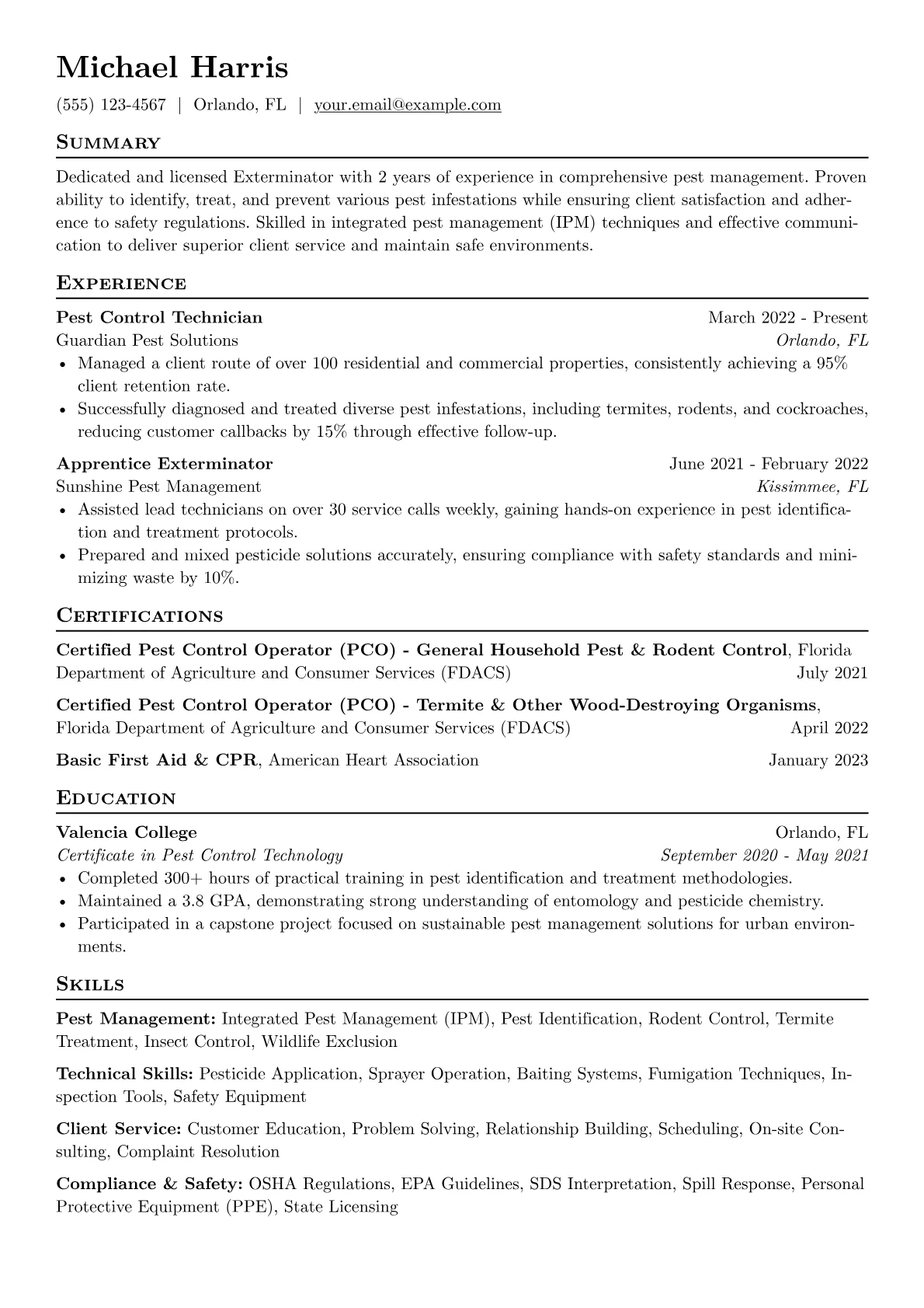 Exterminator Resume Example CV template - Page 1